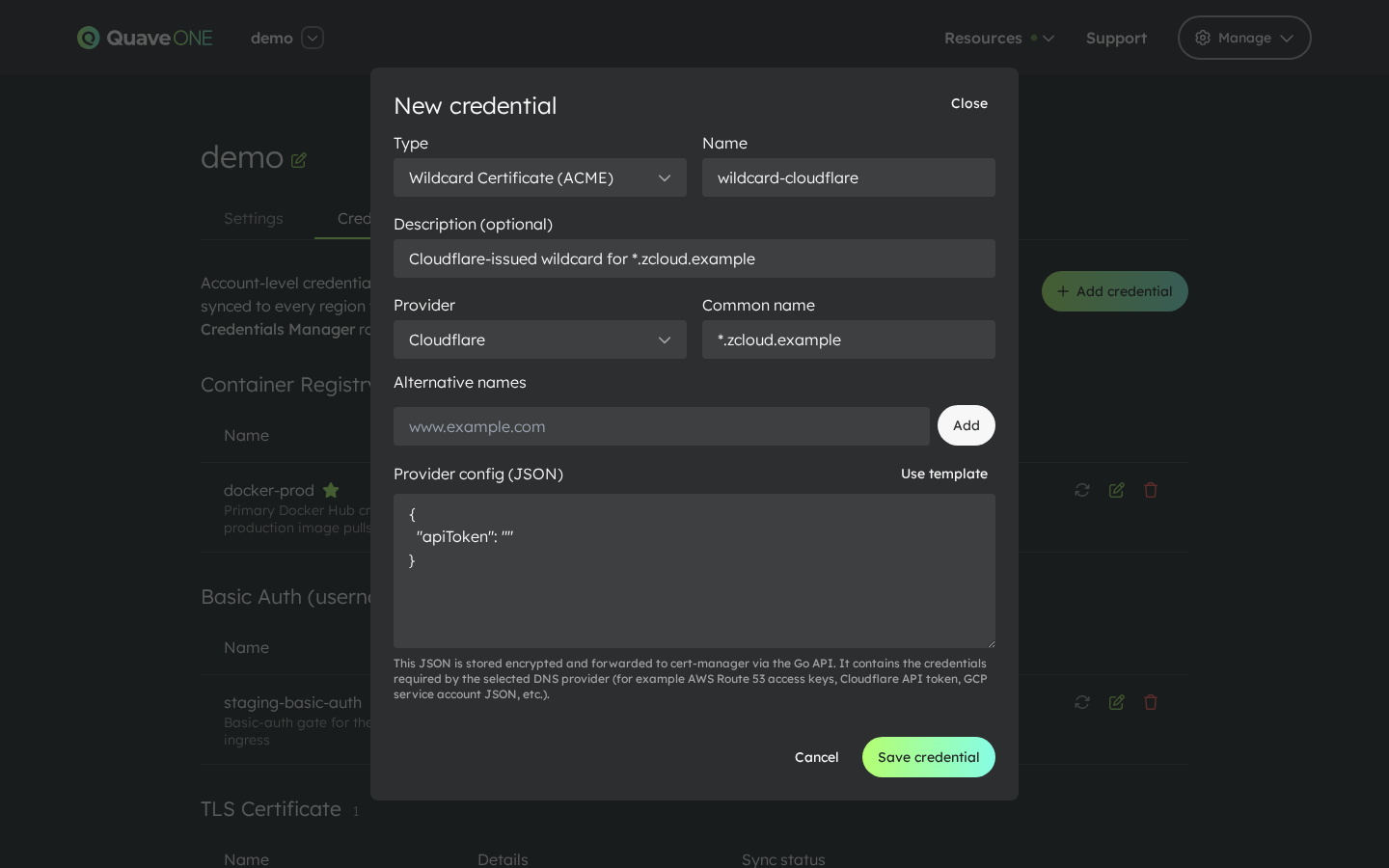 Add credential — ACME Wildcard form with template applied