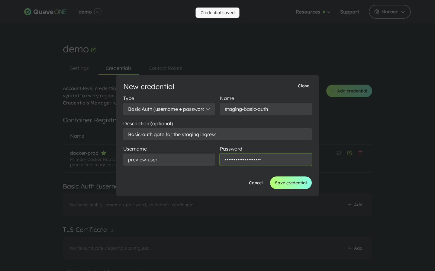 Add credential — Basic Auth form
