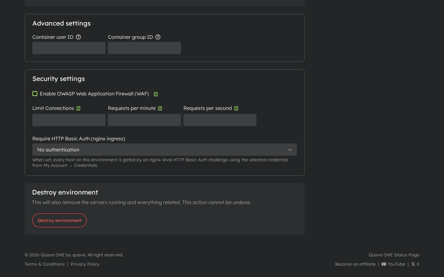 AppEnv → Settings — Require HTTP Basic Auth select