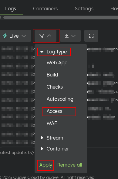 Access log filter selection